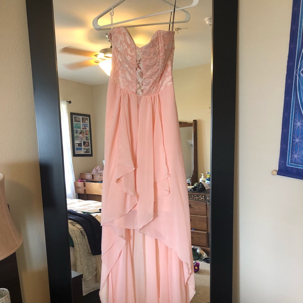 High Low Strapless Back-Cutout Lace Maxi Dress